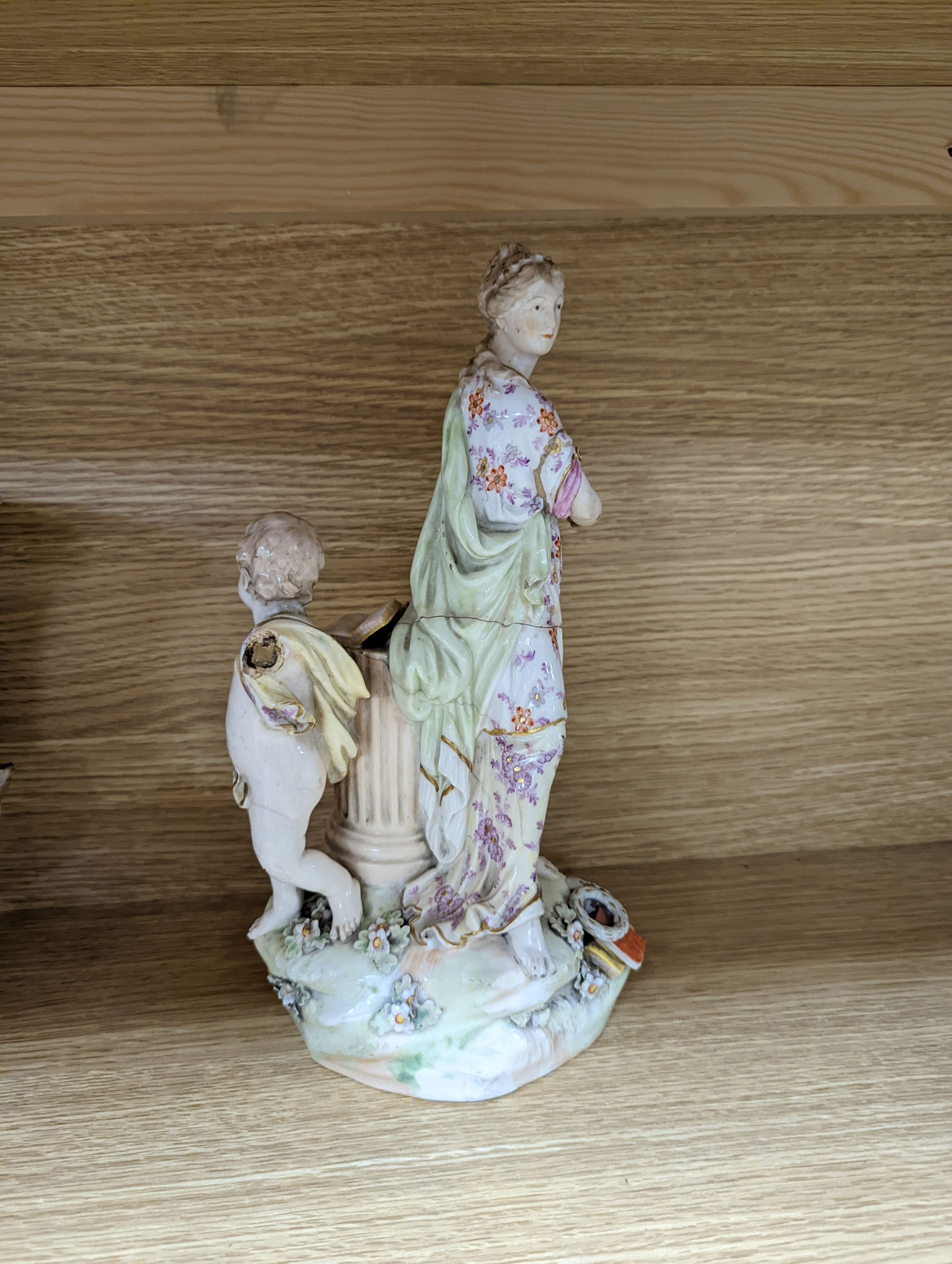 Two Chelsea Derby figure groups, three Derby Japan-pattern items to include an ice pail and two sucrier, together with a Copeland porcelain model of a tower